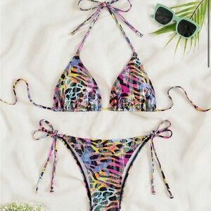 SHEIN Multicolor Animal Print Tie-Side Bikini Set